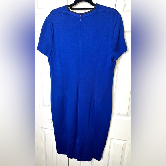 New ST. JOHN Cobalt Blue Dress Wool Shift Sheath Sweater Knit Navy Silk Trim - Picture 8 of 16